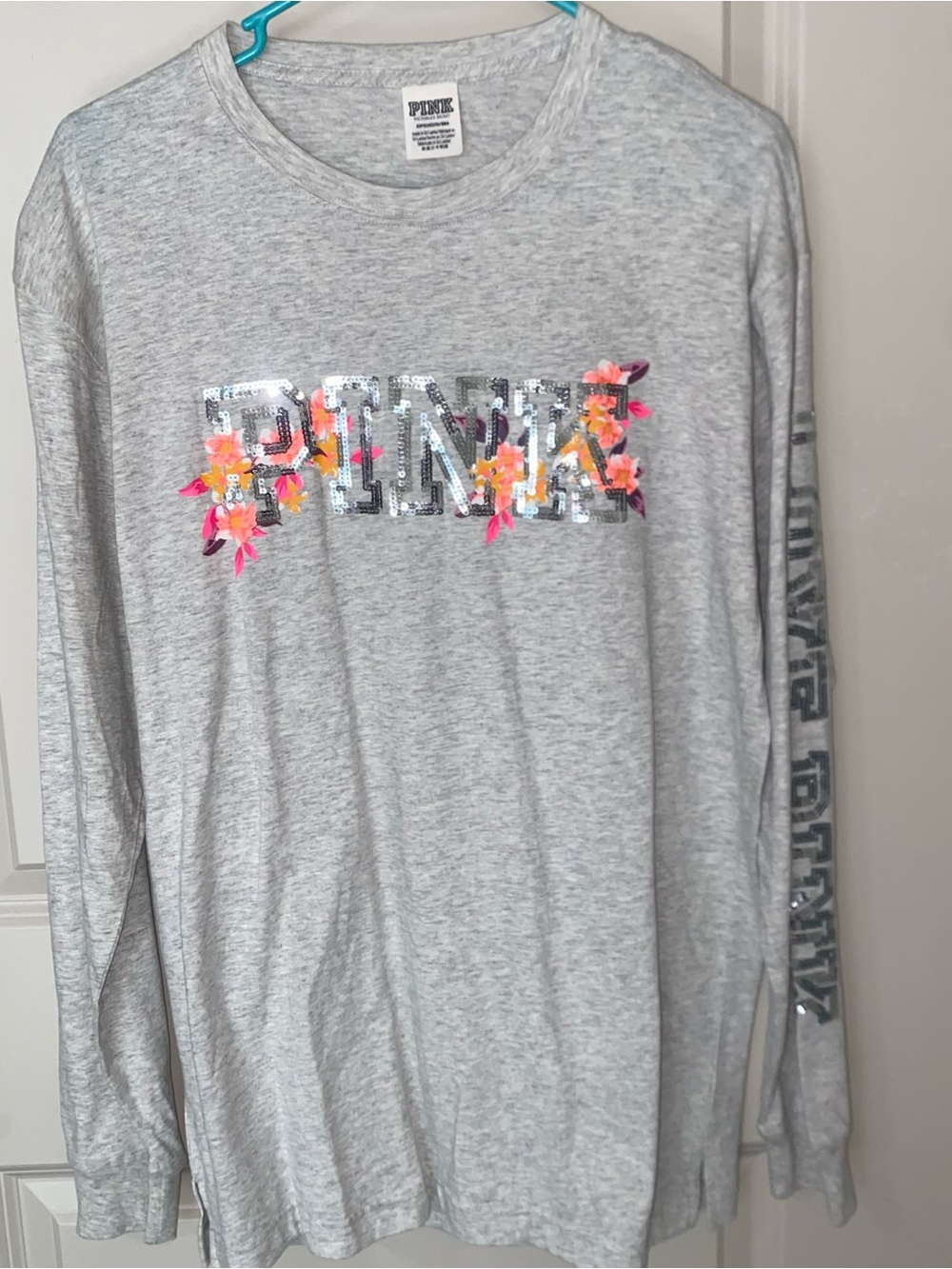 NWOT PINK Sequin Floral Long Sleeve Tee - Heather Gray